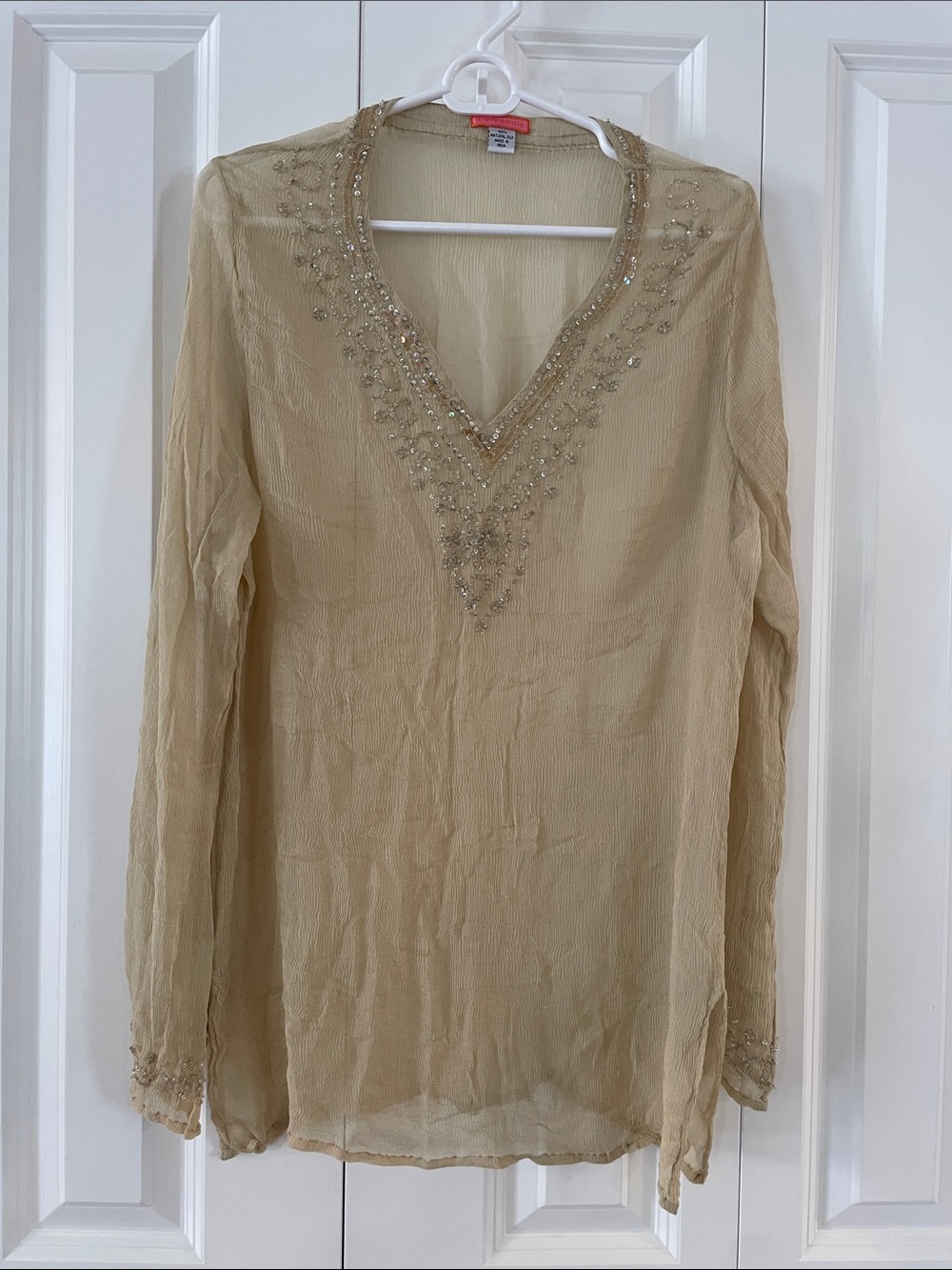Embellished V-Neck Long Sleeve Tunic - Cream